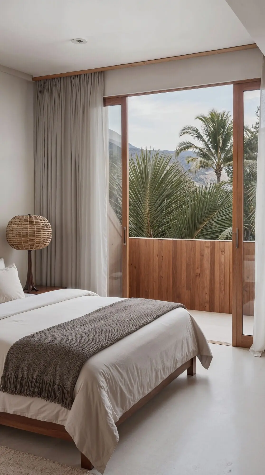 Ein minimalistisch gestaltetes Schlafzimmer mit Aussicht.